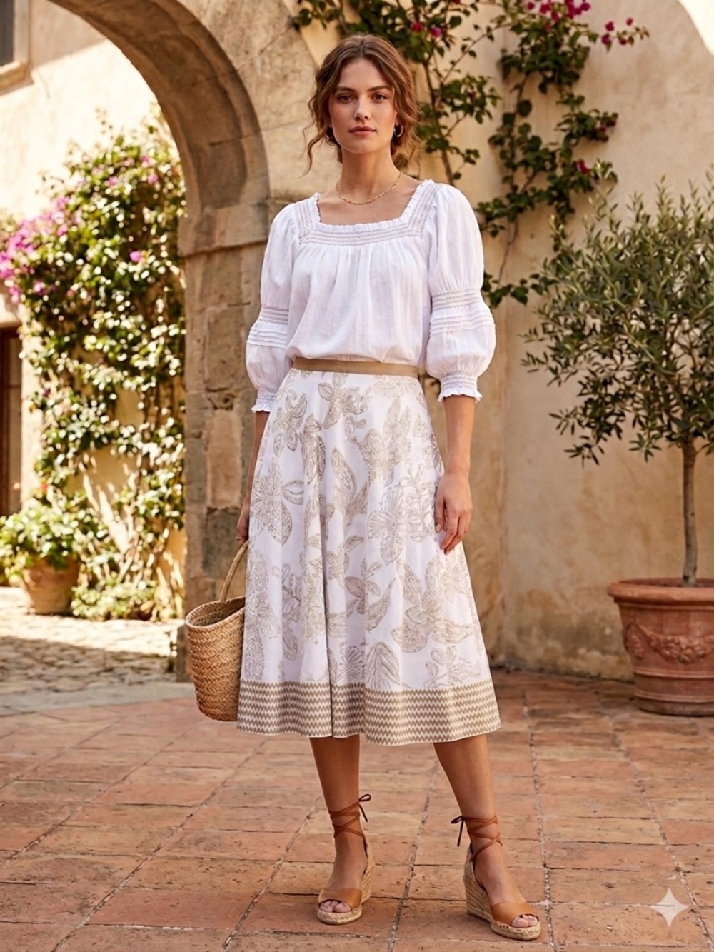 a.n.a 100 % White cotton Midi Skirt with Beige Leaf Embroidery and sequins